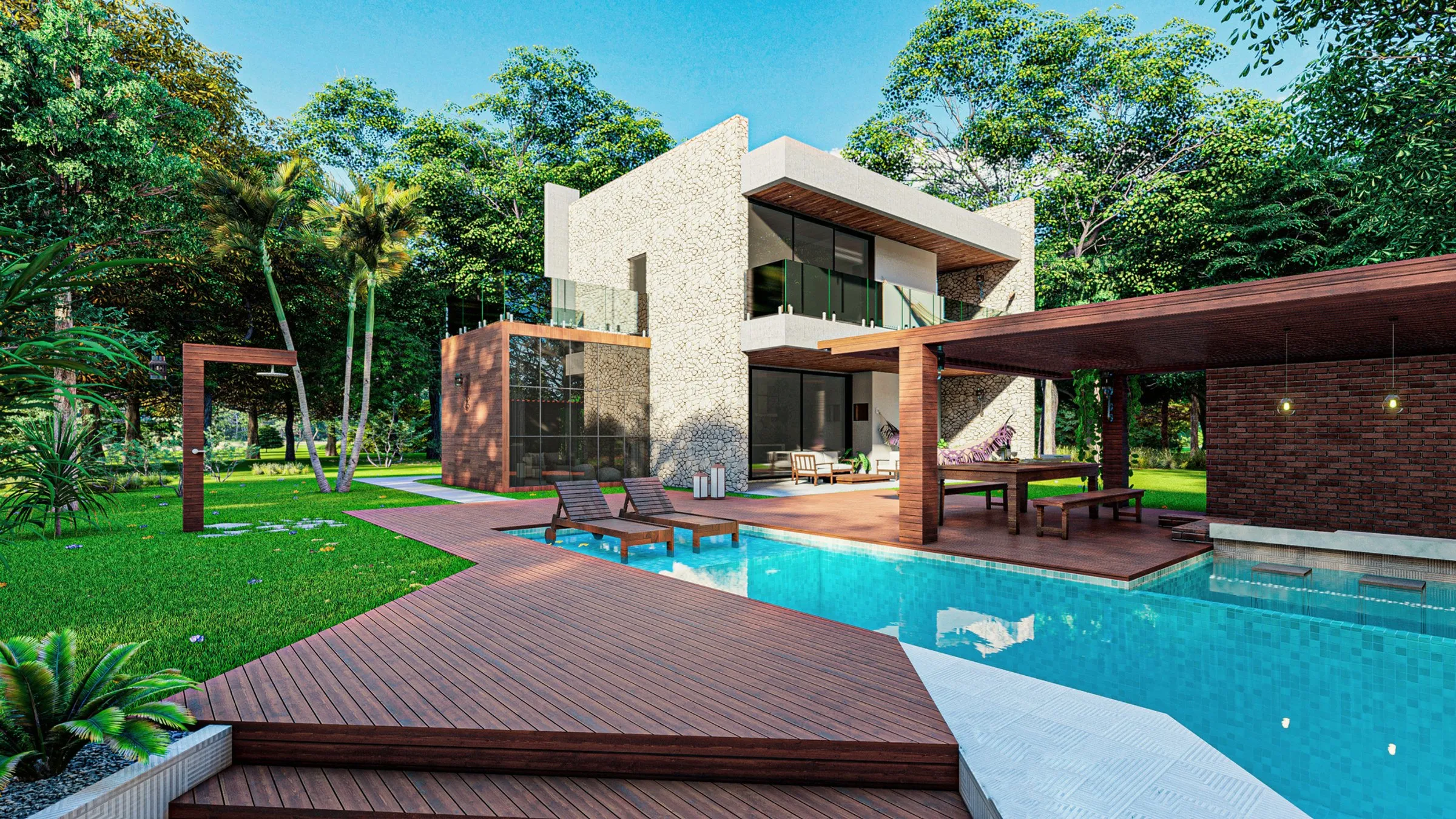 Casa de campo com piscina, deck de madeira e jardim tropical