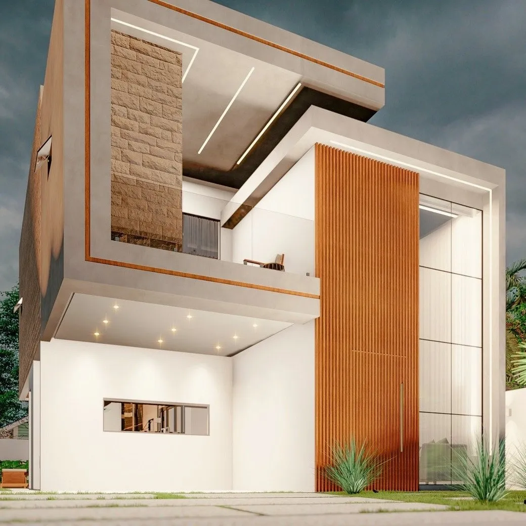 Render de casa moderna com volume em madeira