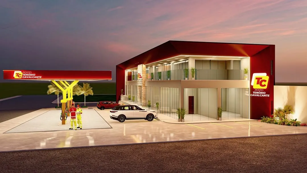 Render de posto de combustível com lojas ao entardecer