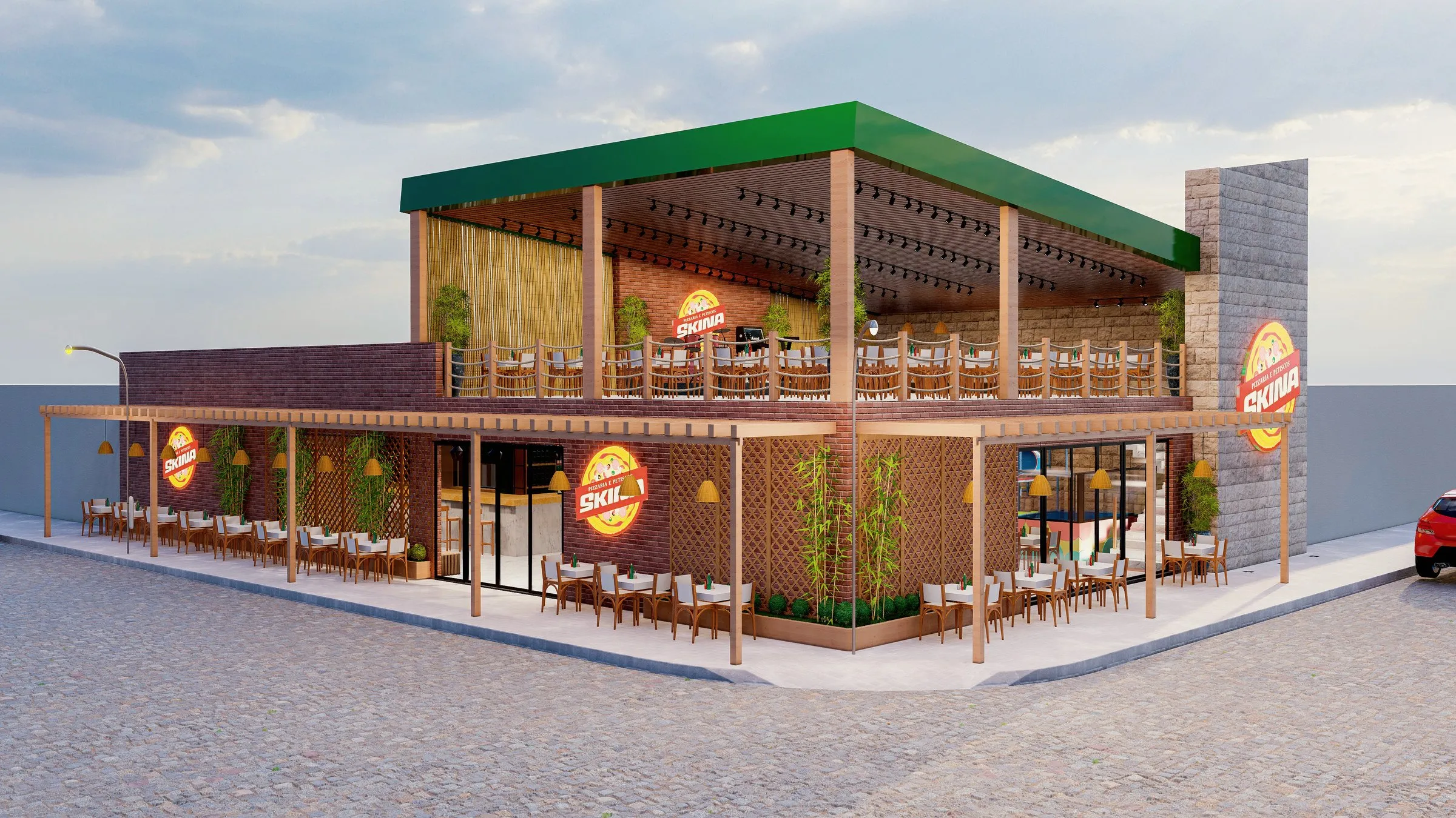 Render de restaurante de esquina com cobertura verde