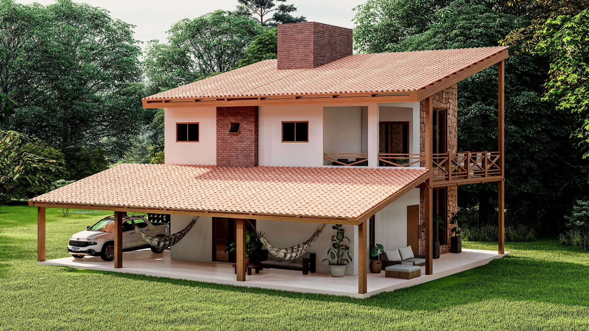 Render de casa de campo com telhado de barro