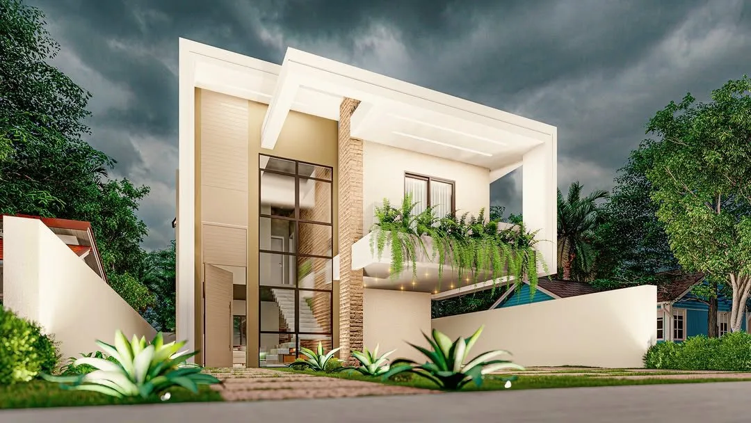 Render de sobrado moderno com pedra e vidro